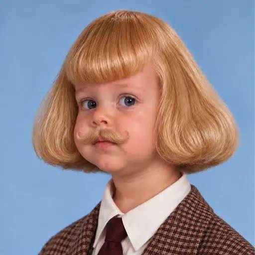 BabyJean character with a bob wig and mustache pacifier